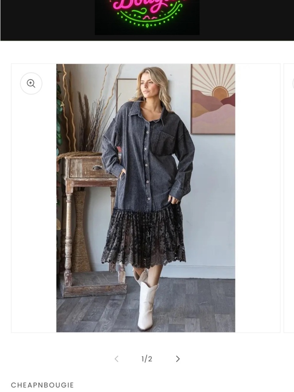 Oli & Hali Charcoal Gray Button-Down Midi Dress with Black Lace Hem